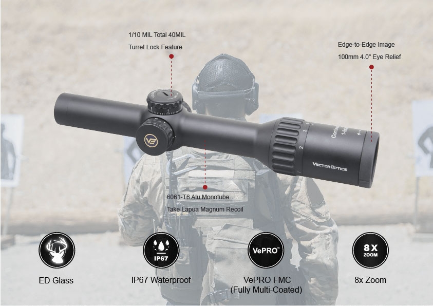 Vector Optics Continental x8 1-8x24 SFP ED VET-BTR 0.1MRAD 30mm Tactical Rifle Scope w/ Free Weaver Rings