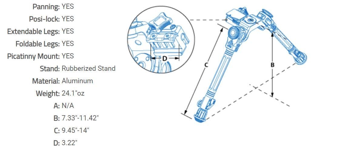 Leapers UTG Over Bore Bipod 7-11" Picatinny QD Pan and Tilt Heavy Duty