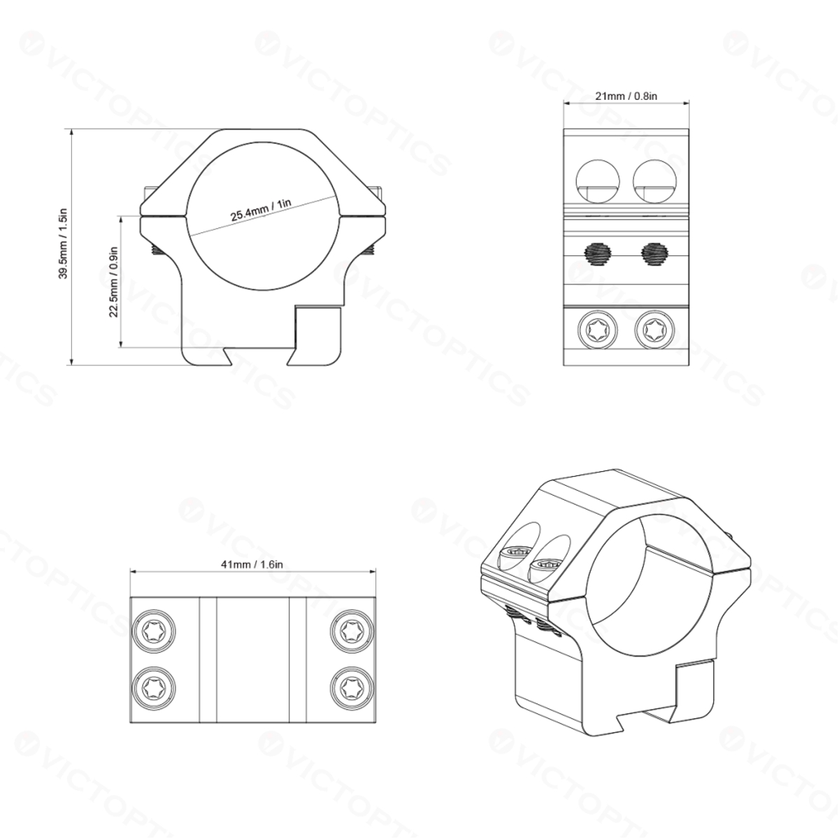 Vector Victoptics ACD Screw Mount 25.4mm (1") 9-11mm Dovetail Mounting Rings - Low