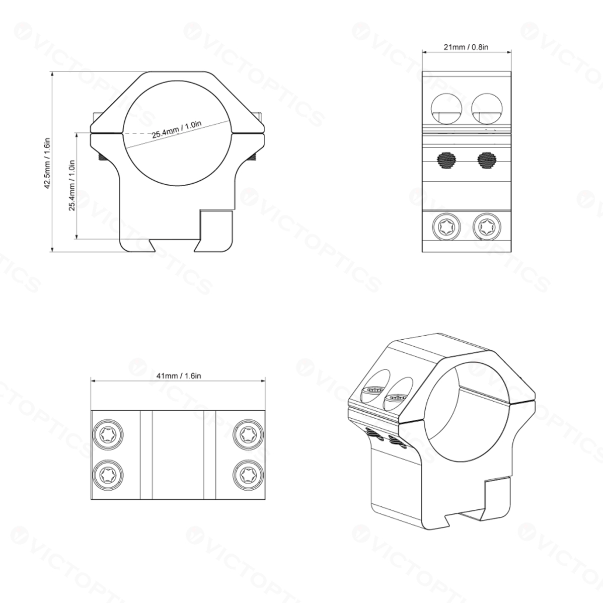 Vector Victoptics ACD Screw Mount 25.4mm (1") 9-11mm Dovetail Mounting Rings - Medium
