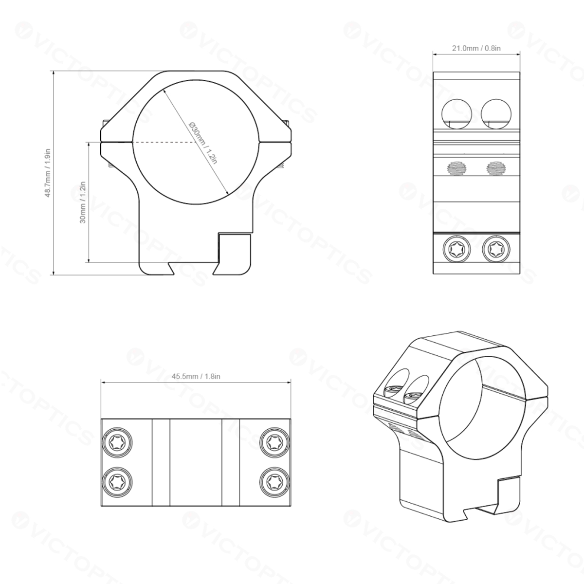 Vector Victoptics ACD Screw Mount 30mm 9-11mm Dovetail Mounting Rings - Medium
