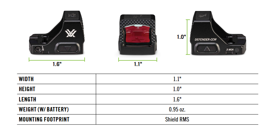 Vortex Optics Defender CCW 6 MOA Red Dot Sight Picatinny & Shield RMSc