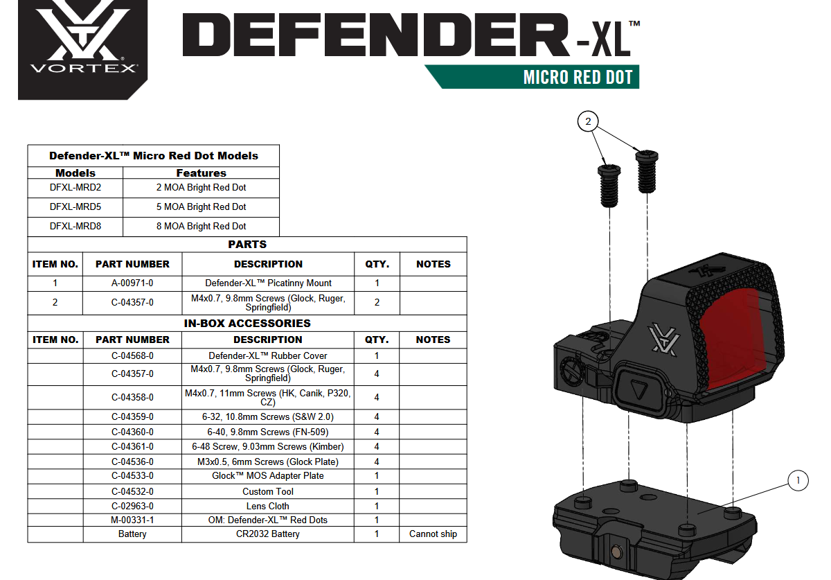 Vortex Optics Defender-XL 8 MOA Red Dot Sight with Picatinny Mount Inc Glock MOS Adapter Plate